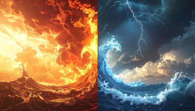 Vivid split-screen depiction fiery sunset ocean clash vs. stormy, electric blue waters