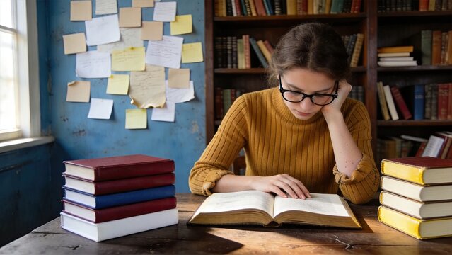Woman reading book in library surrounded by stacks of books and sticky notes on wall representing education learning research knowledge study concentration focus academic student
