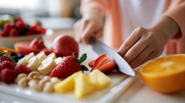 Healthy breakfast prep, hands slicing strawberries with banana, berries, citrus and nuts, fresh seasonal fruit for balanced nutrition, clean eating dessert idea, homemade meal preparation.