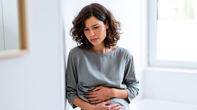 Menstrual pain wellness banner, woman holding abdomen, bright bathroom, gray outfit, bloating discomfort, cramp relief, femcare lifestyle, hormone balance, calm selfcare mood.
