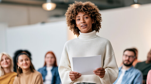 First presentation moment, young speaker holding paper, nervous excitement, supportive audience, encouragement, confidence building, positive feedback, warm indoor workshop atmosphere.