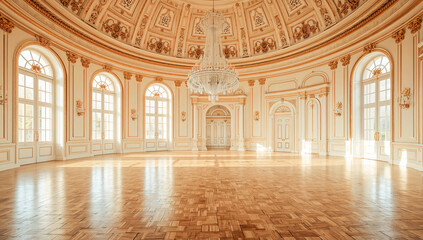 Obraz premium Elegant ballroom with ornate gold detailing and a grand crystal chandelier