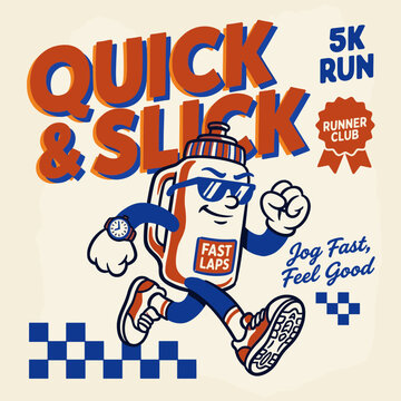 Quick and slick runner club slogan. Graphic print design for apparel and t-shirts. Running water bottle mascot character with cool sunglasses. Retro 90s vintage cartoon vector illustration.