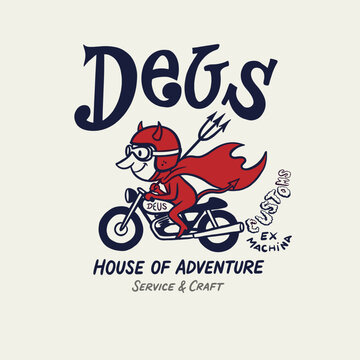House of adventure service and craft. Custom graphic print for t-shirt design. Red devil character riding a vintage motorcycle. Retro hand drawn cartoon illustration.