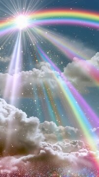 Sparkling rainbow with fluffy clouds and radiant sunlight, vertical video featuring magical sky, dreamy atmosphere and colorful fantasy landscape