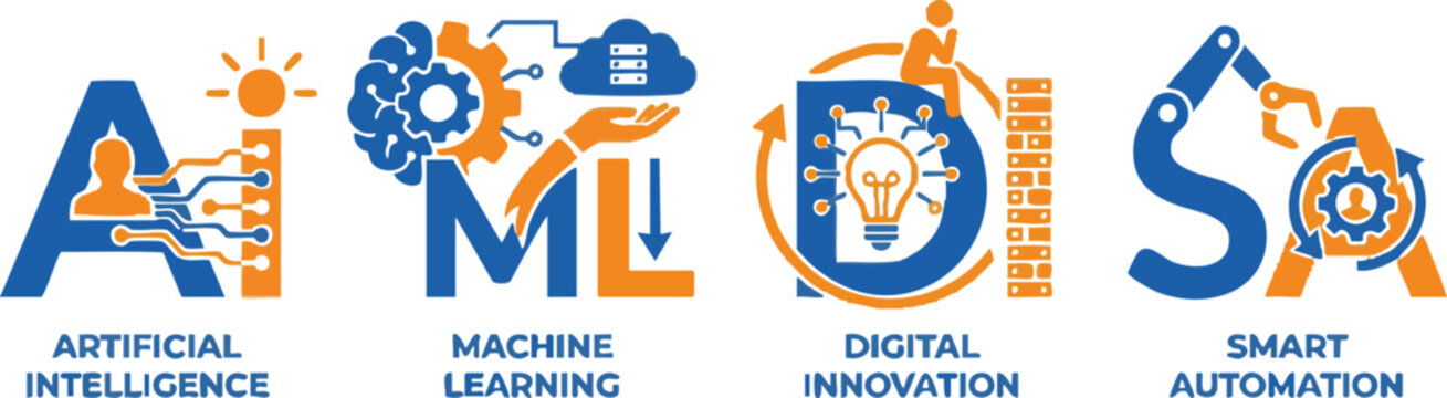 Artificial Intelligence Acronym Icon Set &ndash; AI, ML, DT and SMT Technology Flat Vector Illustration