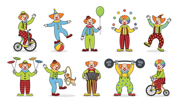Cute cartoon circus clowns performing various tricks like juggling riding unicycle spinning plates balloon set isolated vector illustration