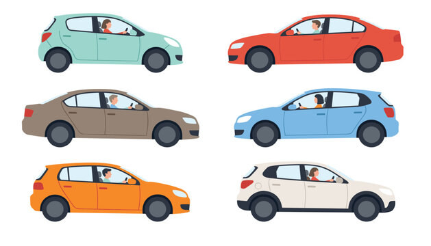 People driving different cars set sedan hatchback suv automobile with driver using phone distracted driving vector illustration