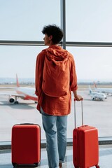 Obraz premium Young traveler standing at airport window with red luggage and backpack looking at planes for travel poster and background design