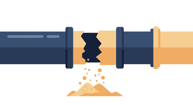 Broken pipe leaking sand illustration concept.