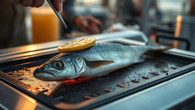 A mackerel grilling on a hotplate, a slice of lemon being squeezed over it.