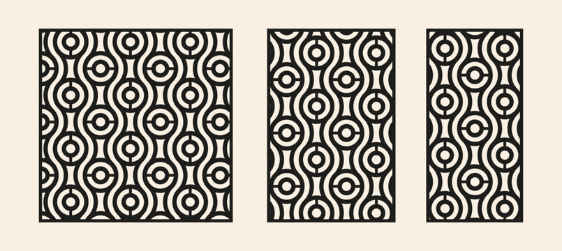 Decorative laser cut panels set. Geometric circle seamless pattern for CNC screen, room divider, fence gate inserts, balcony railing, wall art decor. Vector ornate lattice templates.