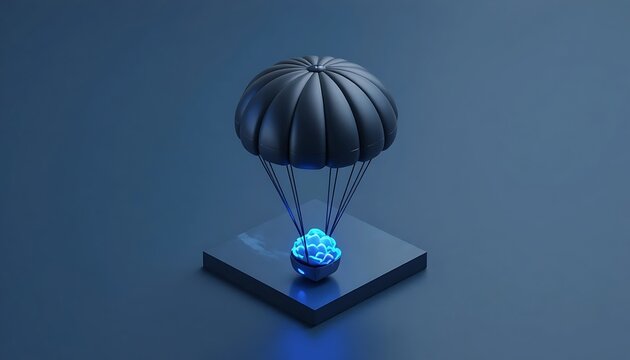 Creative 3D illustration of a glowing blue digital cloud data icon descending with a parachute representing cloud storage migration delivery and secure online file transfer services for modern tech