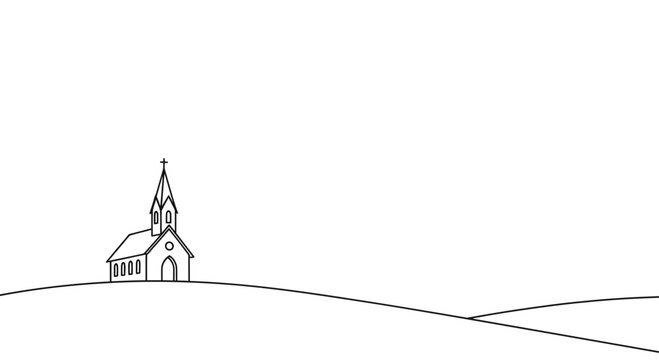A simple line drawing of a small church building sitting on a grassy hill.