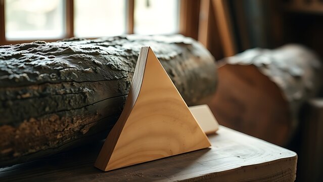 Wooden splitting wedge on a workbench next to a log, tool detail.