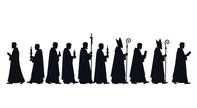 A procession of religious figures in silhouette walking in a line.