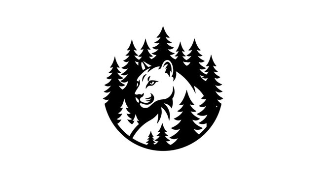 Mountain Lion Head Silhouette Surrounded by Pine Trees.