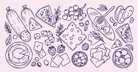 hand drawn gourmet cheese pattern, delicious snack sketch background, cheese board icons, wine party motif, organic food illustration, culinary tasting design, appetizer art texture, savory cheese gra © Geetaroy