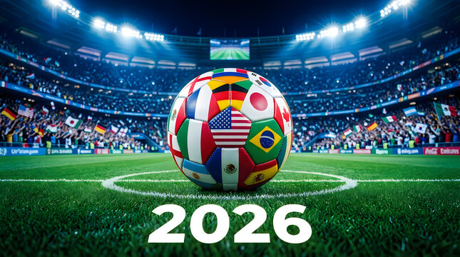 Soccer ball with world country flags for the 2026 international sports championship tournament in a crowded stadium