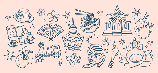 hand drawn asian culture pattern, traditional culinary sketch background, oriental travel icons, thai temple motif, street food illustration, cultural landmark design, exotic travel texture, creative  © Geetaroy