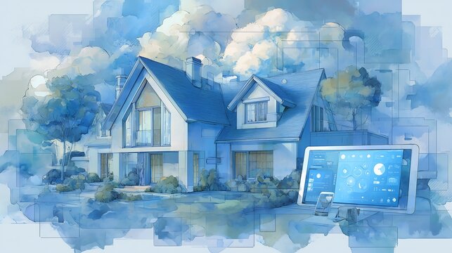 Elegant watercolor painting of smart home technology with a tablet control panel and connected devices, isolated on white background, modern commercial illustration.