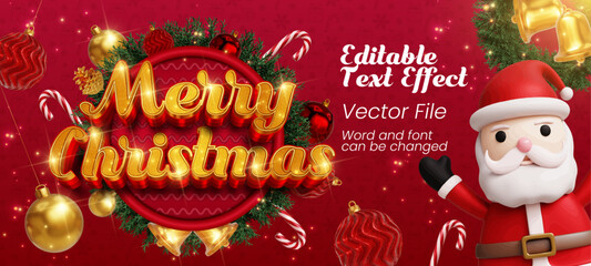 Fototapeta premium Merry christmas luxury gold with glitter 3d editable vector text effect