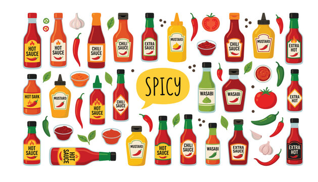 Spicy hot sauce bottles chili pepper ketchup mustard and wasabi condiment vector set isolated on white background flat illustration