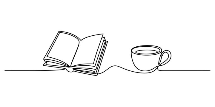 Continuous single line drawing of an open book and a coffee cup