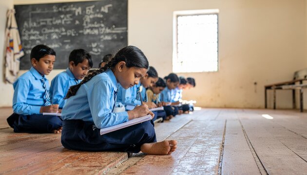 Rural school girl sitting on floor writing in notebook