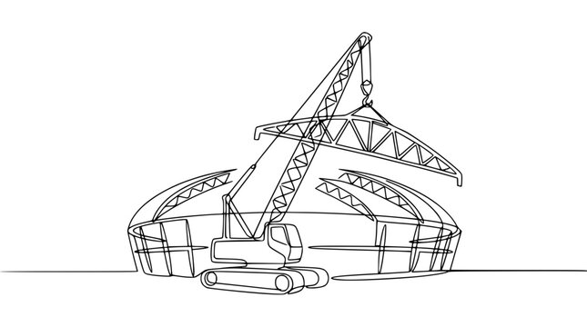 Continuous line drawing of a crane lifting a steel truss for stadium construction