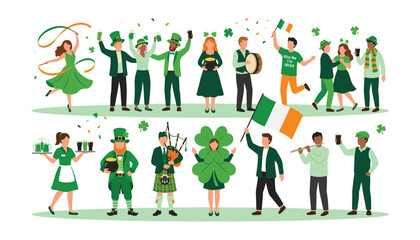 Fototapeta premium Happy diverse people celebrating Saint Patrick Day party dancing playing music drinking green beer festival parade vector set