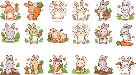 Fototapeta premium Cute Kawaii Bunny Rabbit Character Set with Carrots and Flowers Vector Sticker Collection