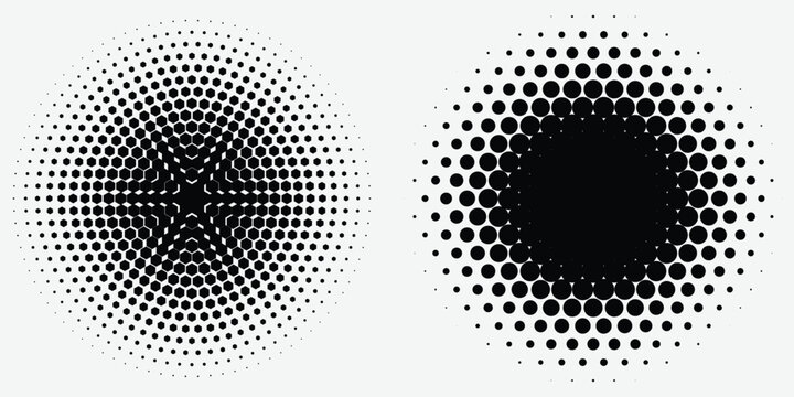 Black and white radial halftone geometric background with circular dot burst and hexagon star optical pattern abstract vector background eps10