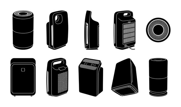 Air Purifier Appliance Silhouette Vector Set Featuring Various Modern Home Air Cleaning Device Designs