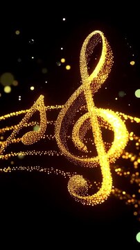Golden music notes floating on an empty black background, vertical video featuring elegant musical symbols, shimmering gold and magical cinematic motion