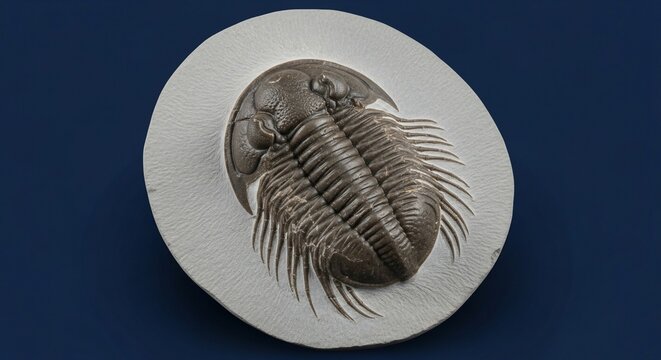 Fossilized trilobite specimen on white plinth displayed against dark blue backdrop