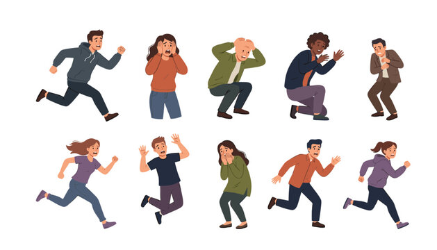 Scared cartoon people running away screaming in panic feeling afraid shocked stressed and anxious isolated vector character set