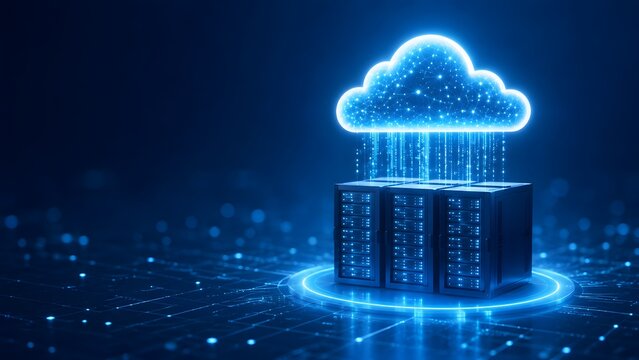 Enterprise cloud storage architecture concept showing digital data migrating between virtual servers and a glowing cloud network