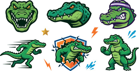 Angry crocodile mascot vector character set for sports team logo, gaming badge, and esports design © MstSuraiya