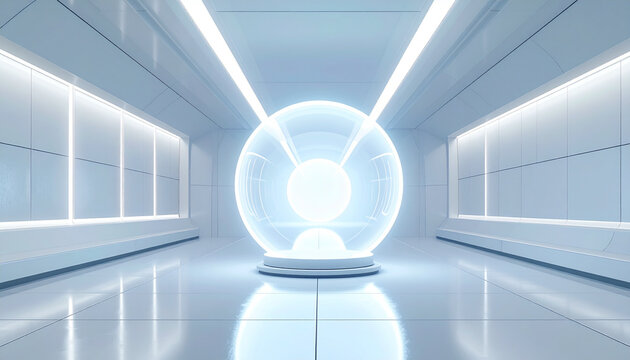 Futuristic interior with illuminated sphere and overhead lighting
