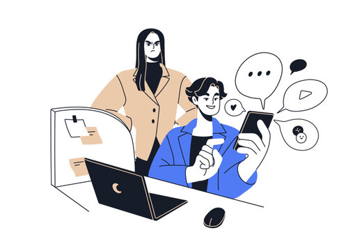 Distraction at work. Employee distracted by phone. Angry boss watching unfocused unproductive office worker scrolling smartphone, procrastination. Flat vector illustration isolated on white background