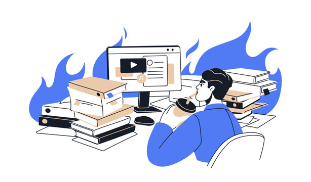 Procrastination at work. Unfocused employee distraction, delaying business tasks, procrastinating in mess, relaxing while deadlines on fire. Flat vector illustration isolated on white background