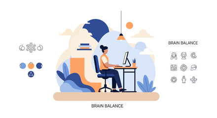 Fototapeta premium Brain Balance Concept Illustration: Woman Working at Desk with Mental Health Icons