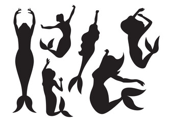 Black silhouette of a mermaid with flowing hair and tail in a dancing pose mermaid tail mermaid hair © BrightLayer