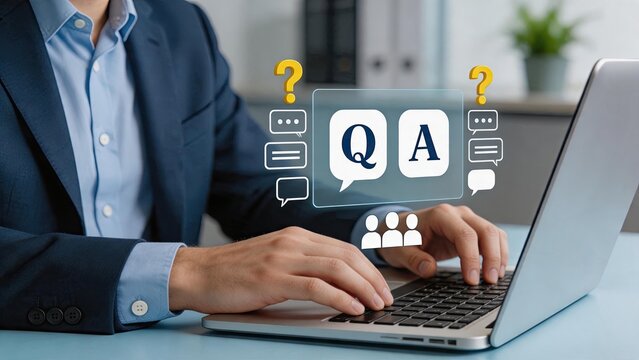 Customer support agent typing on laptop with QA chat icons, online help desk and technical assistance service concept for business communication and user inquiry resolution