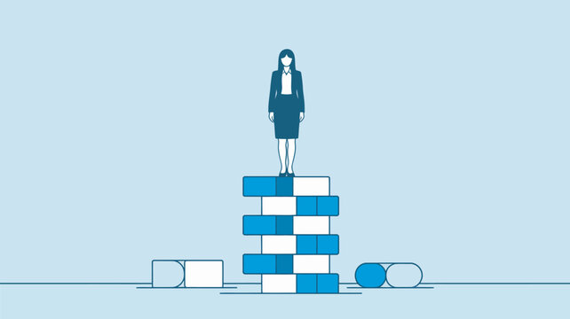Businesswoman stands confidently atop a stack of large pharmaceutical pills representing success in the healthcare market.