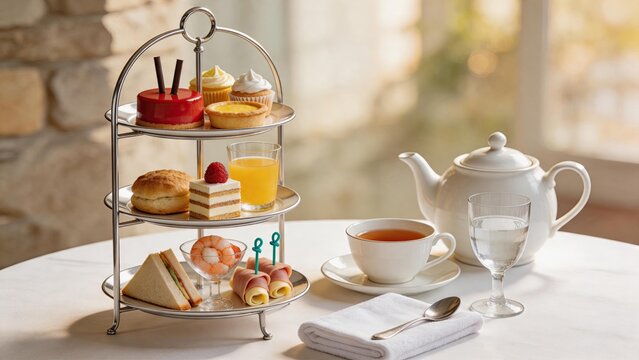 Elegant afternoon tea set with three tier stand filled with pastries, sandwiches and cakes, white teapot and cup on table, luxury dining and relaxation lifestyle concept