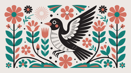 Naklejka premium Bird flies among stylized flowers in a folk art pattern that creates a vibrant decorative scene.