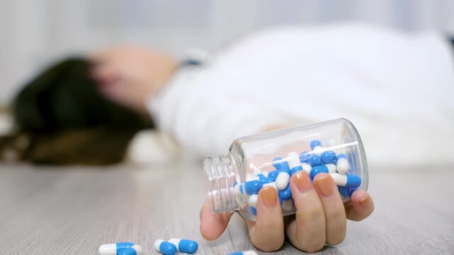 Close up of despair depressed young woman hand falls due to drug overdose with pill bottle and pills on the floor, unconscious boring female lying on floor after overdosing antidepressant medicine