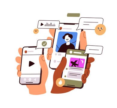 Hands holding smartphones with different apps on screens. Users with digital content, scrolling video, messages. Online communication concept. Flat vector illustration isolated on white background